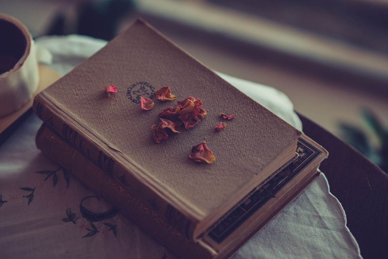 Livros antigos sobre mesa de madeira em sala iluminada por luz natural